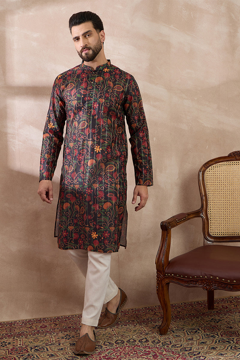 Black Silk Blend Embroidered Mandarin Collar Straight Kurta With Trouser
