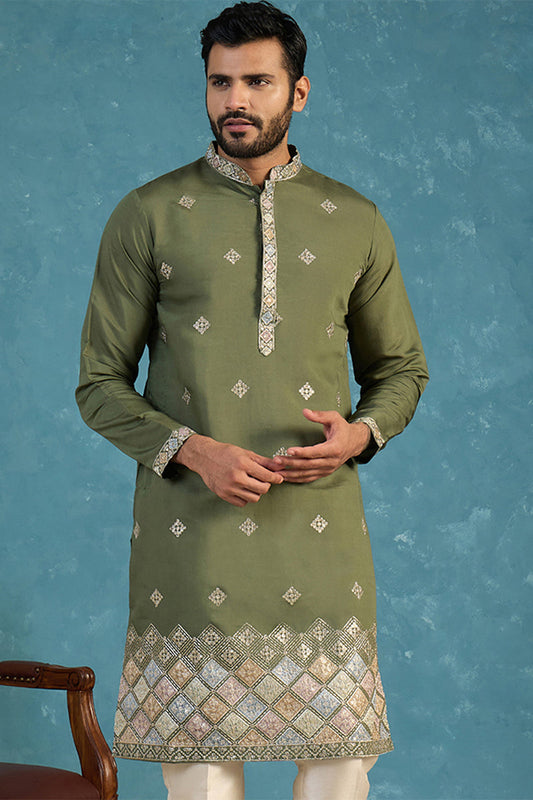 Silk Blend Green Solid Embroidered Calf Length Straight Kurta MKU2101