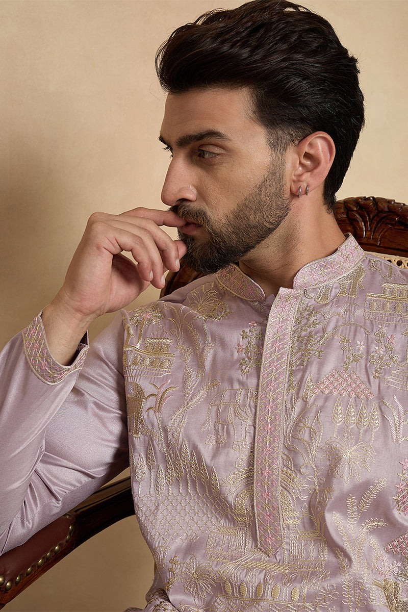 Lavender Silk Blend Embroidered Straight Kurta
