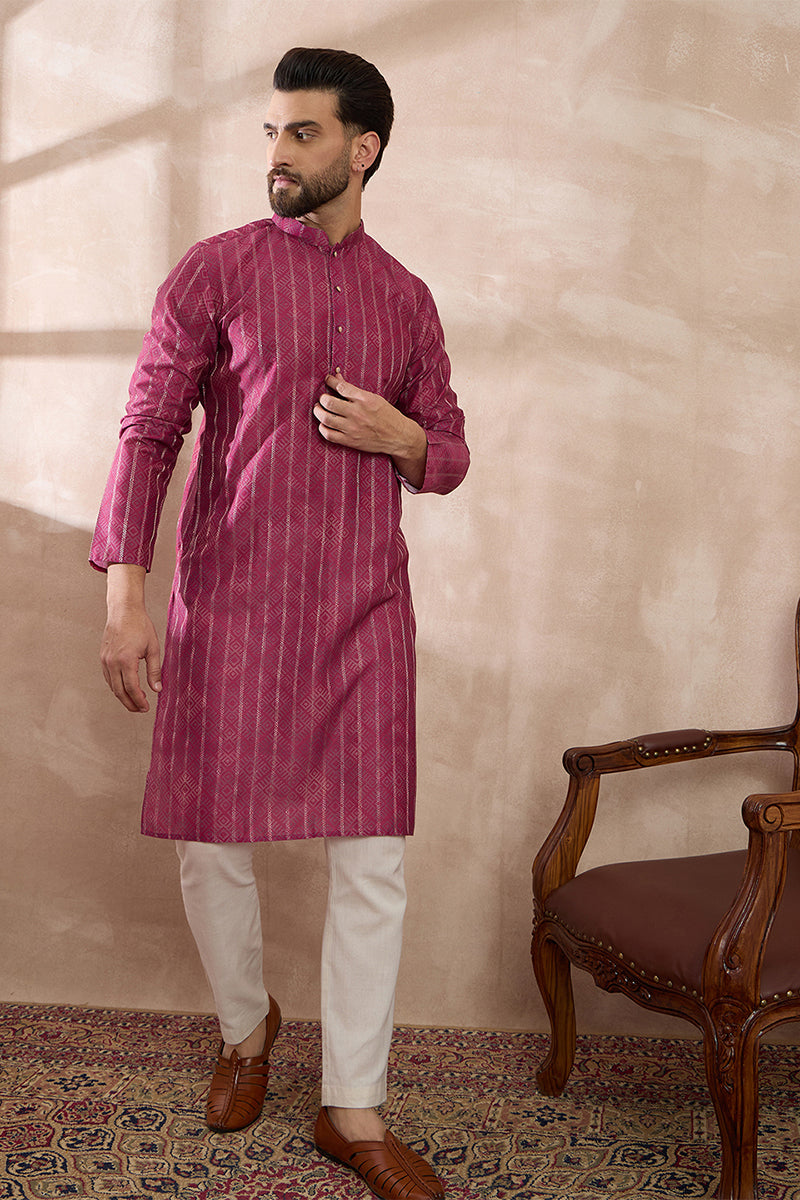 Pink Silk Blend Printed Mandarin Collar Straight Kurta With Trouser