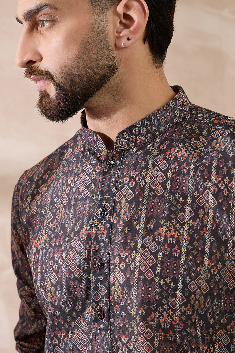 Black Silk Blend Printed Mandarin Collar Straight Kurta MKU2116