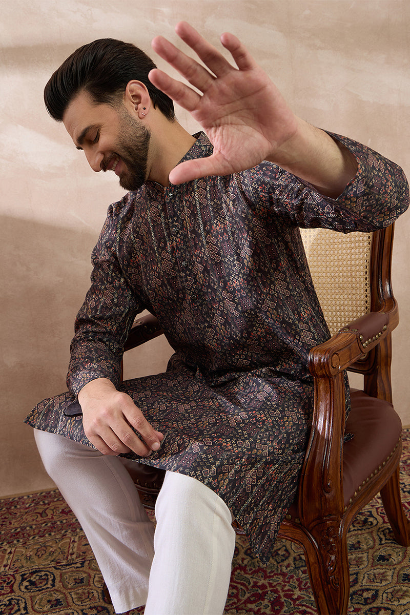 Black Silk Blend Printed Mandarin Collar Straight Kurta MKU2116