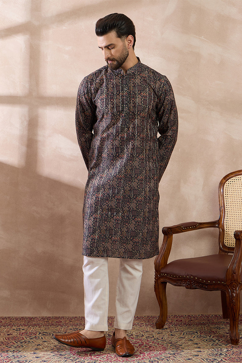 Black Silk Blend Printed Mandarin Collar Straight Kurta MKU2116