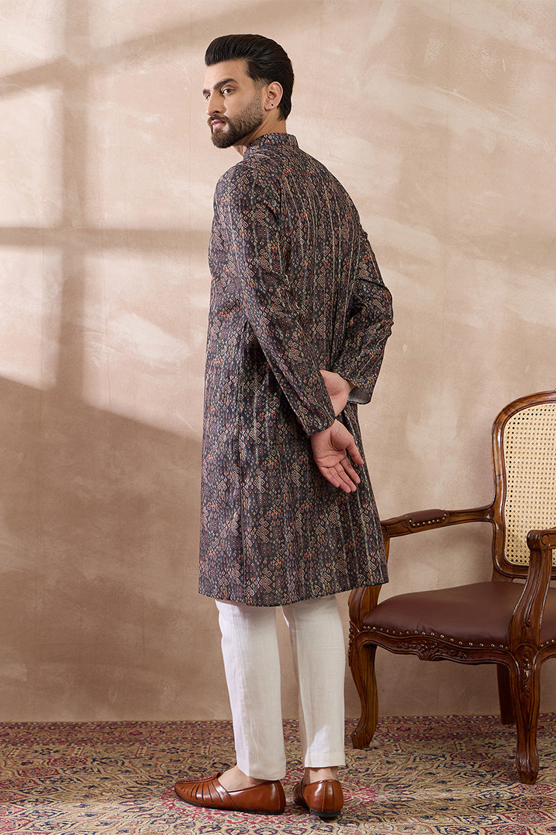 Black Silk Blend Printed Mandarin Collar Straight Kurta MKU2116