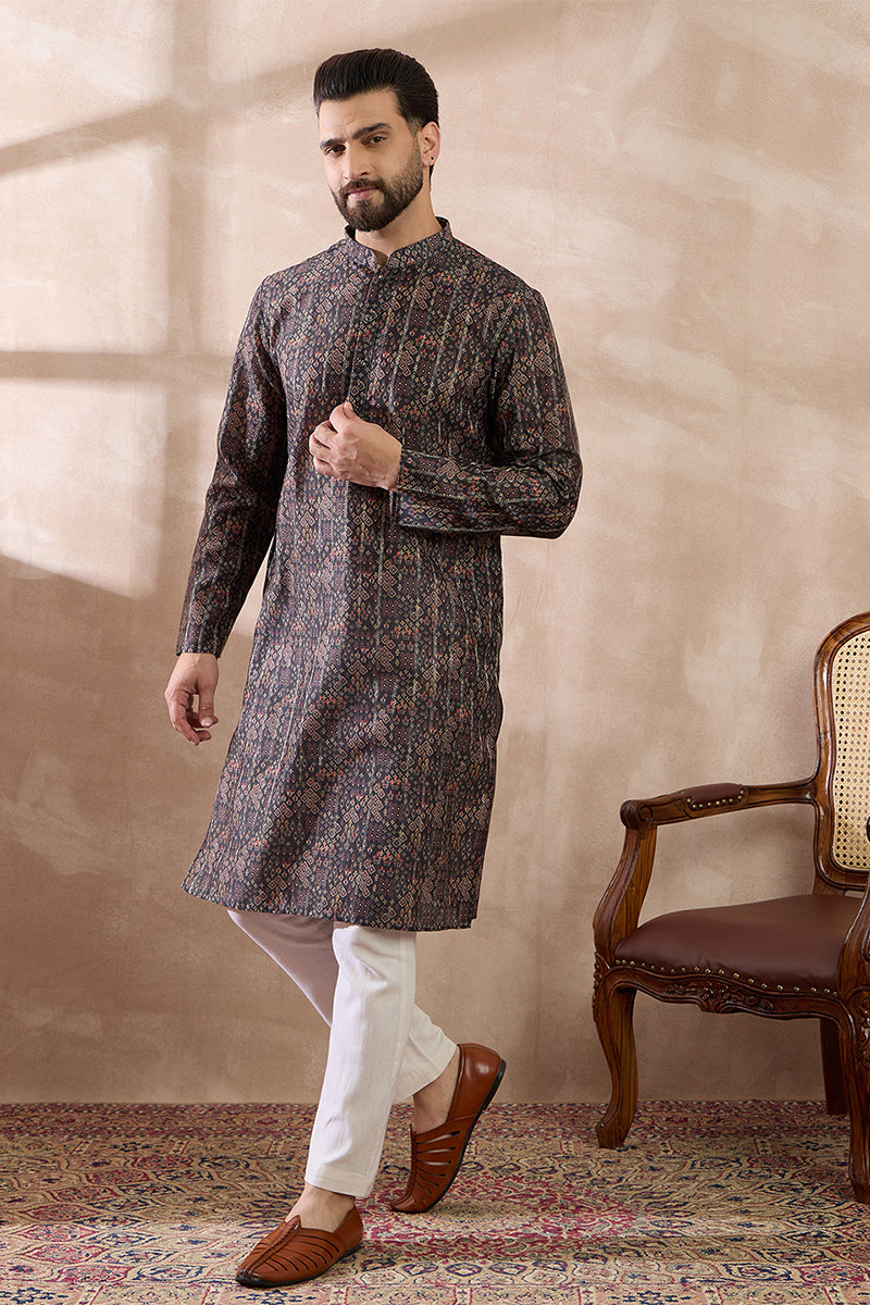 Black Silk Blend Printed Mandarin Collar Straight Kurta
