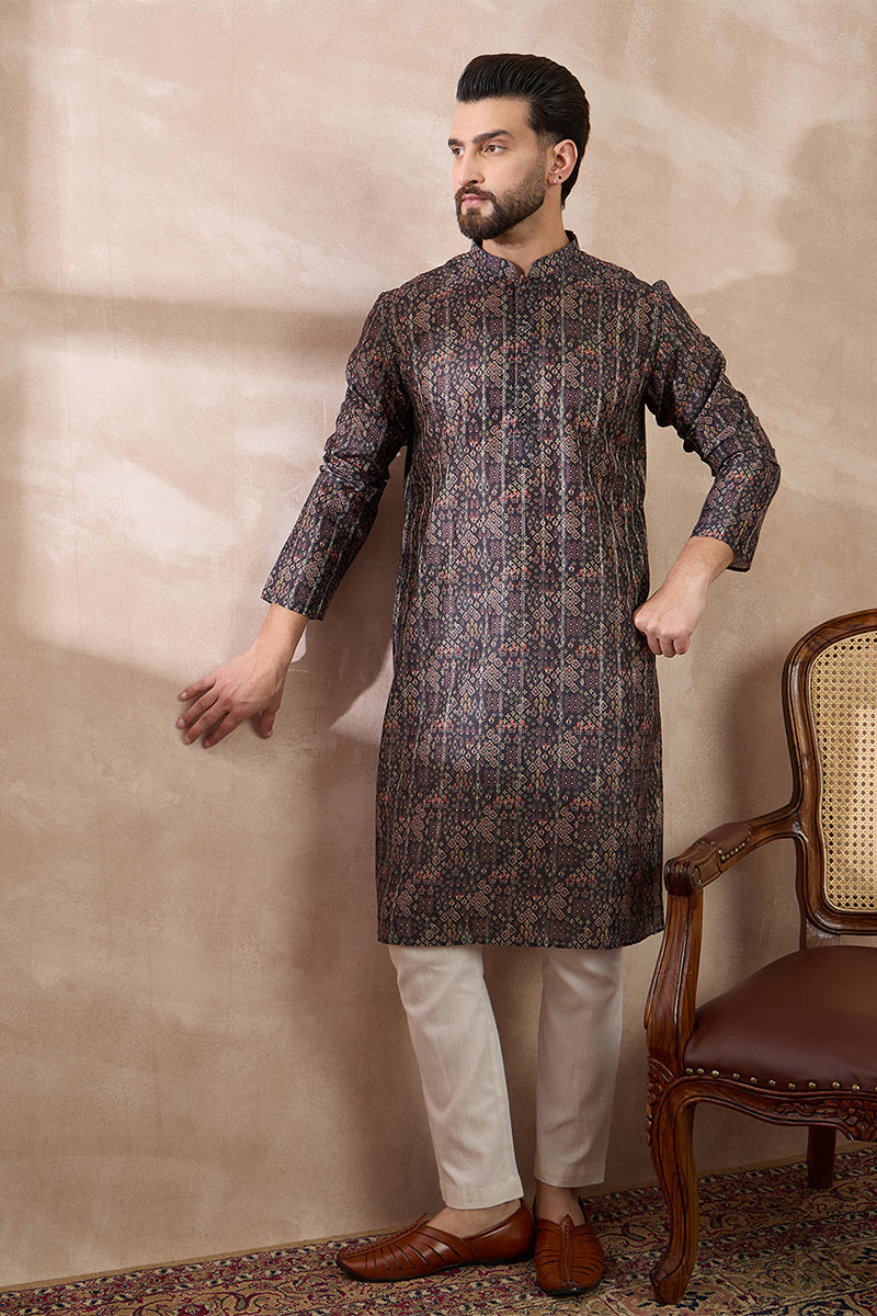 Black Silk Blend Printed Mandarin Collar Straight Kurta