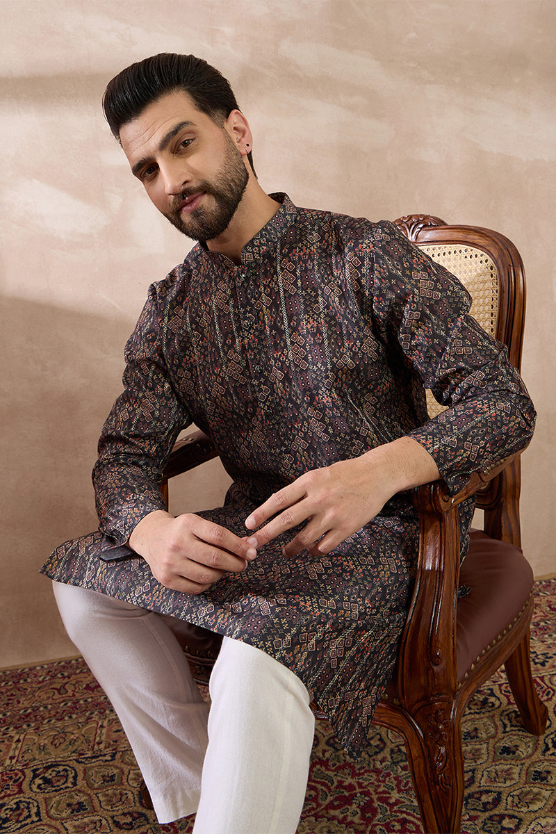 Black Silk Blend Printed Mandarin Collar Straight Kurta