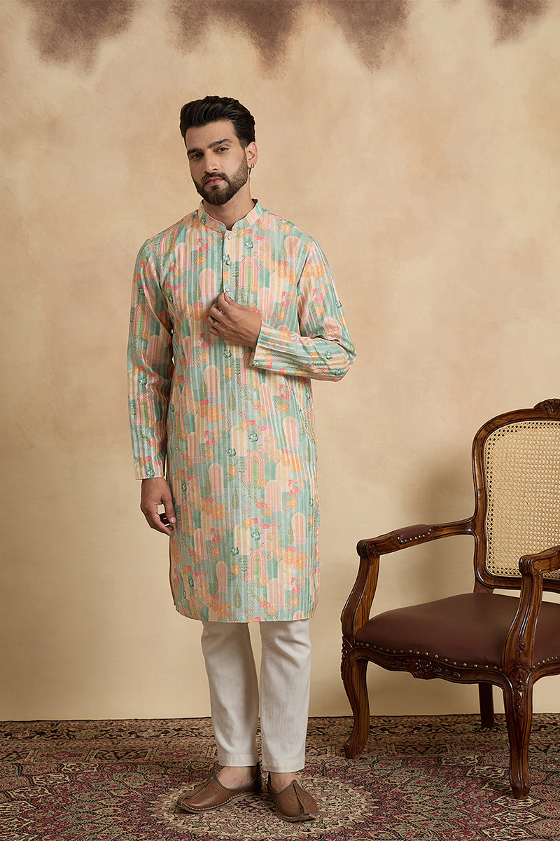 Green Silk Blend Printed Straight Kurta With Trousers
