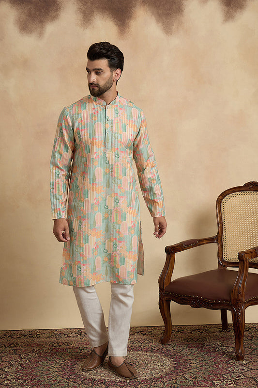 Green Silk Blend Printed Straight Kurta