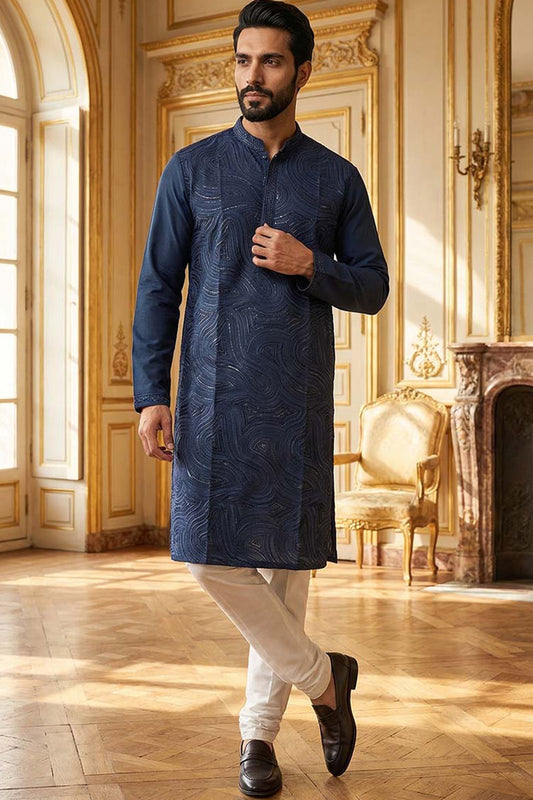 Blue Silk Blend Embroidered Straight Kurta MKU2124