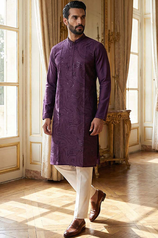 Purple Silk Blend Embroidered Straight Kurta MKU2125