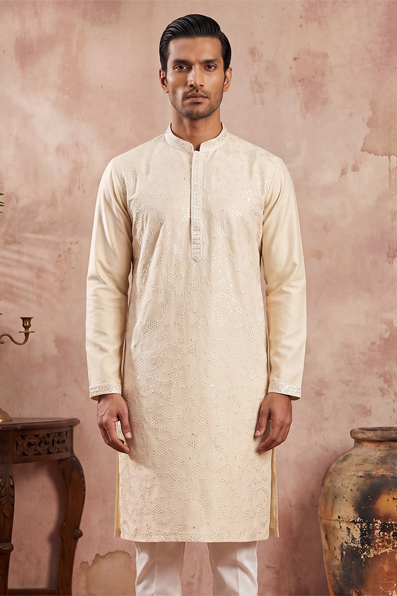 Men Off White Silk Blend Embroidered Straight Kurta Sets MKSET2129