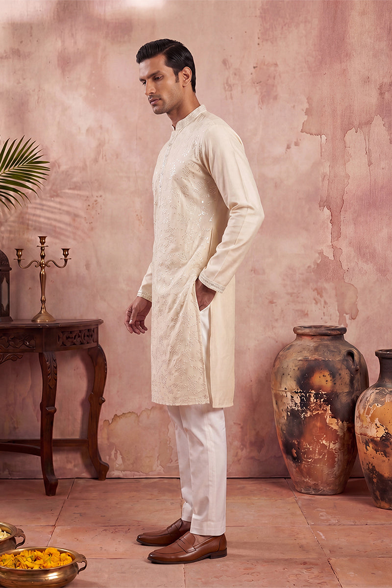 Men Off White Silk Blend Embroidered Straight Kurta