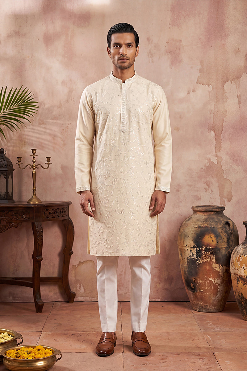 Men Off White Silk Blend Embroidered Straight Kurta Sets