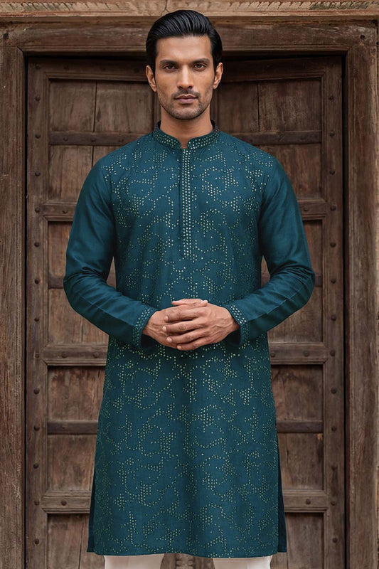 Silk Blend Teal Solid Embroidered Calf Length Straight Kurta MKU2131