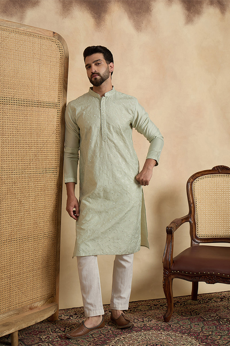 Silk Blend Green Solid Embroidered Calf Length Straight Kurta With Trousers