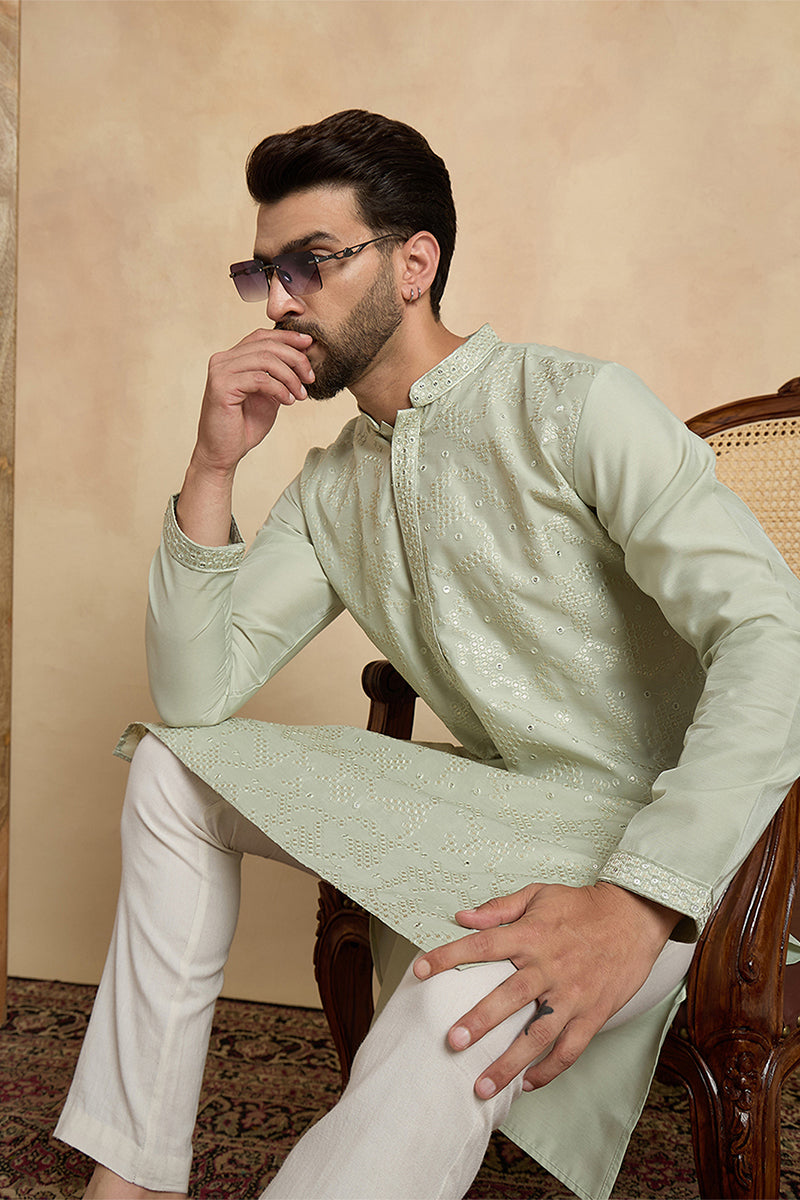 Silk Blend Green Solid Embroidered Calf Length Straight Kurta With Trousers MKSET2133