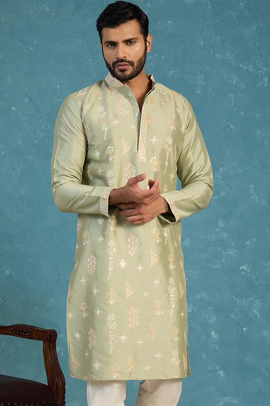 Mens Green Silk Blend Solid Embroidered Kurta MKU2153