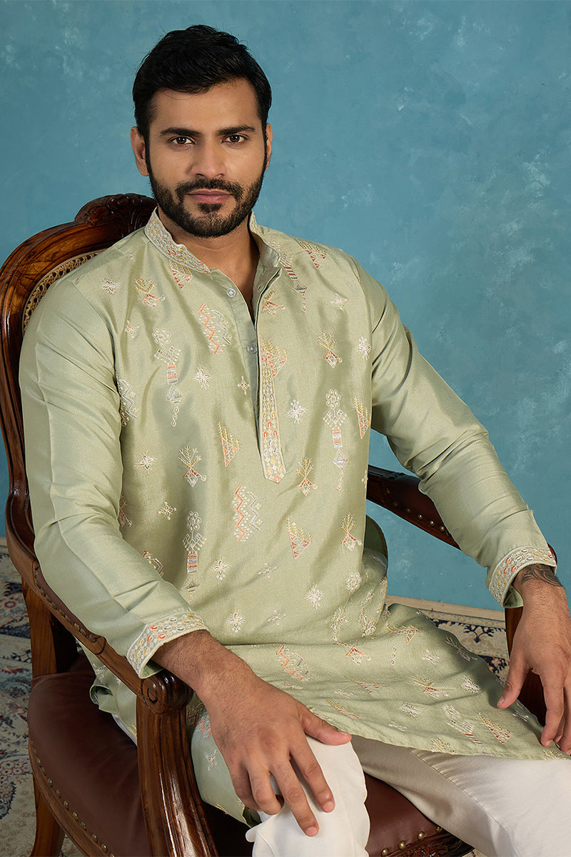 Mens Green Silk Blend Solid Embroidered Kurta