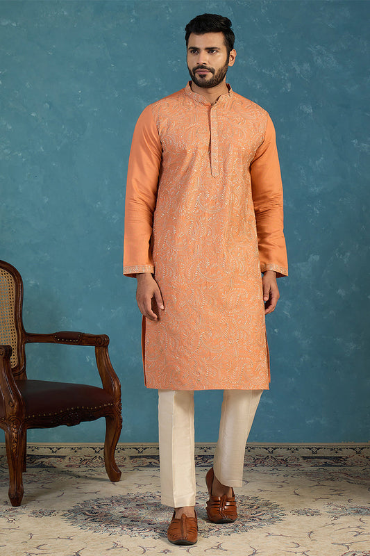Mens Orange Modal Embroidered Calf Length Straight Regular Kurta With Trouser