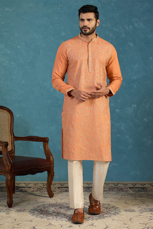 Mens Orange Modal Embroidered Calf Length Straight Regular Kurta