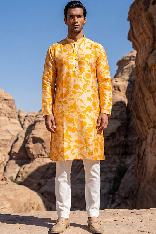 Yellow Silk Blend Printed Straight Kurta MKU2167