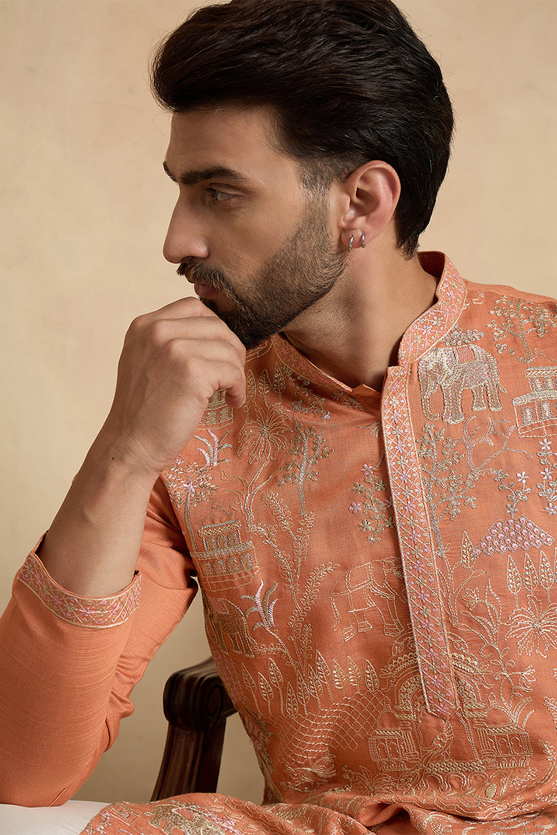 Peach Viscose Rayon Embroidered Straight Kurta With Trousers