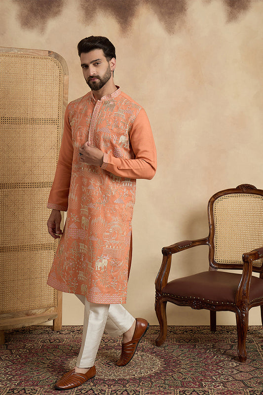 Peach Viscose Rayon Embroidered Straight Kurta MKU2169