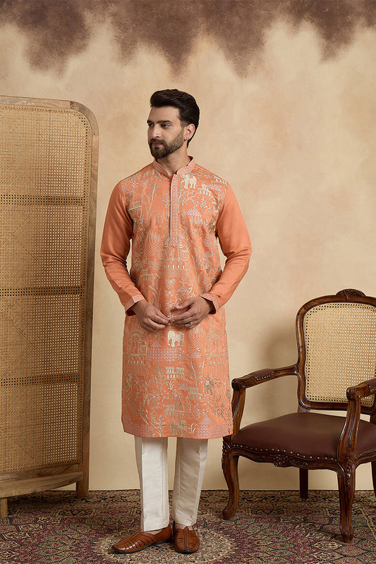Peach Viscose Rayon Embroidered Straight Kurta With Trousers