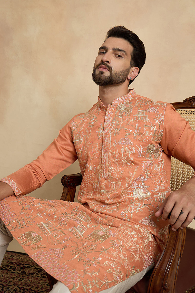 Peach Viscose Rayon Embroidered Straight Kurta