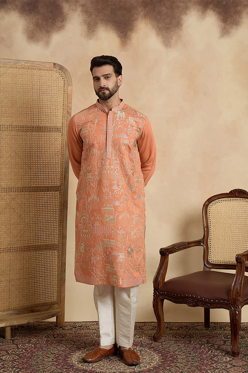 Peach Viscose Rayon Embroidered Straight Kurta
