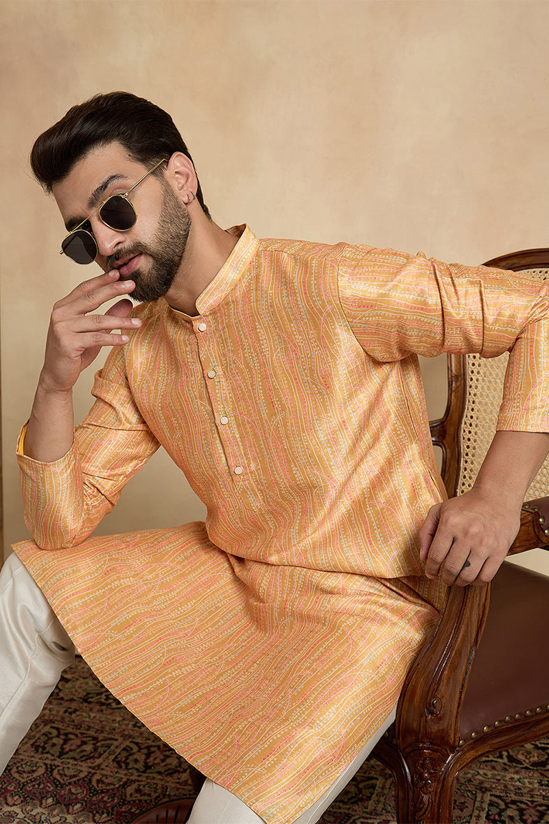 Yellow Silk Blend Printed Straight Kurta MKU2170