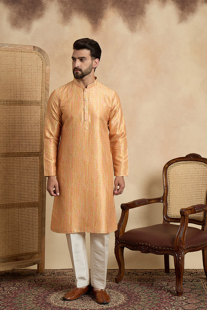 Yellow Silk Blend Printed Straight Kurta