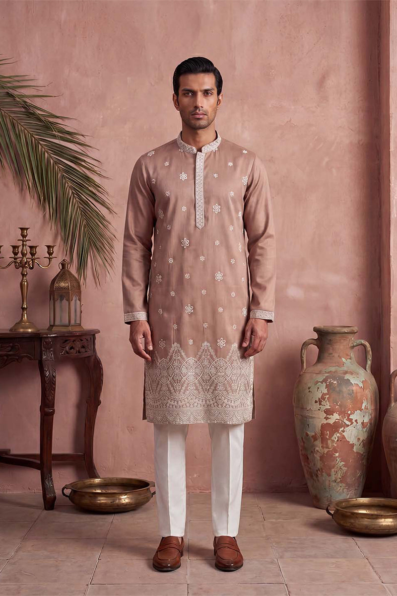 Mens Pink Silk Blend Solid Embroidered Kurta MKU2173
