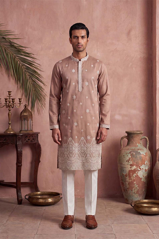 Mens Pink Silk Blend Solid Embroidered Kurta MKU2173
