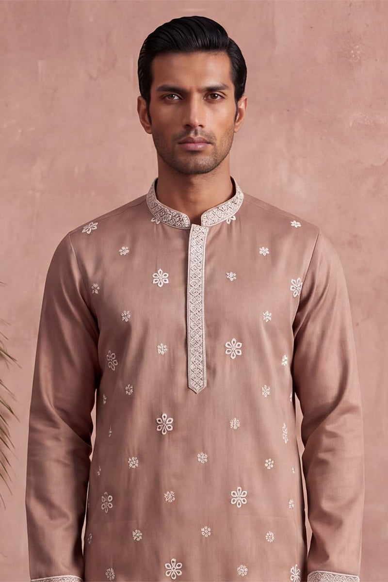 Mens Pink Silk Blend Solid Embroidered Kurta MKU2173