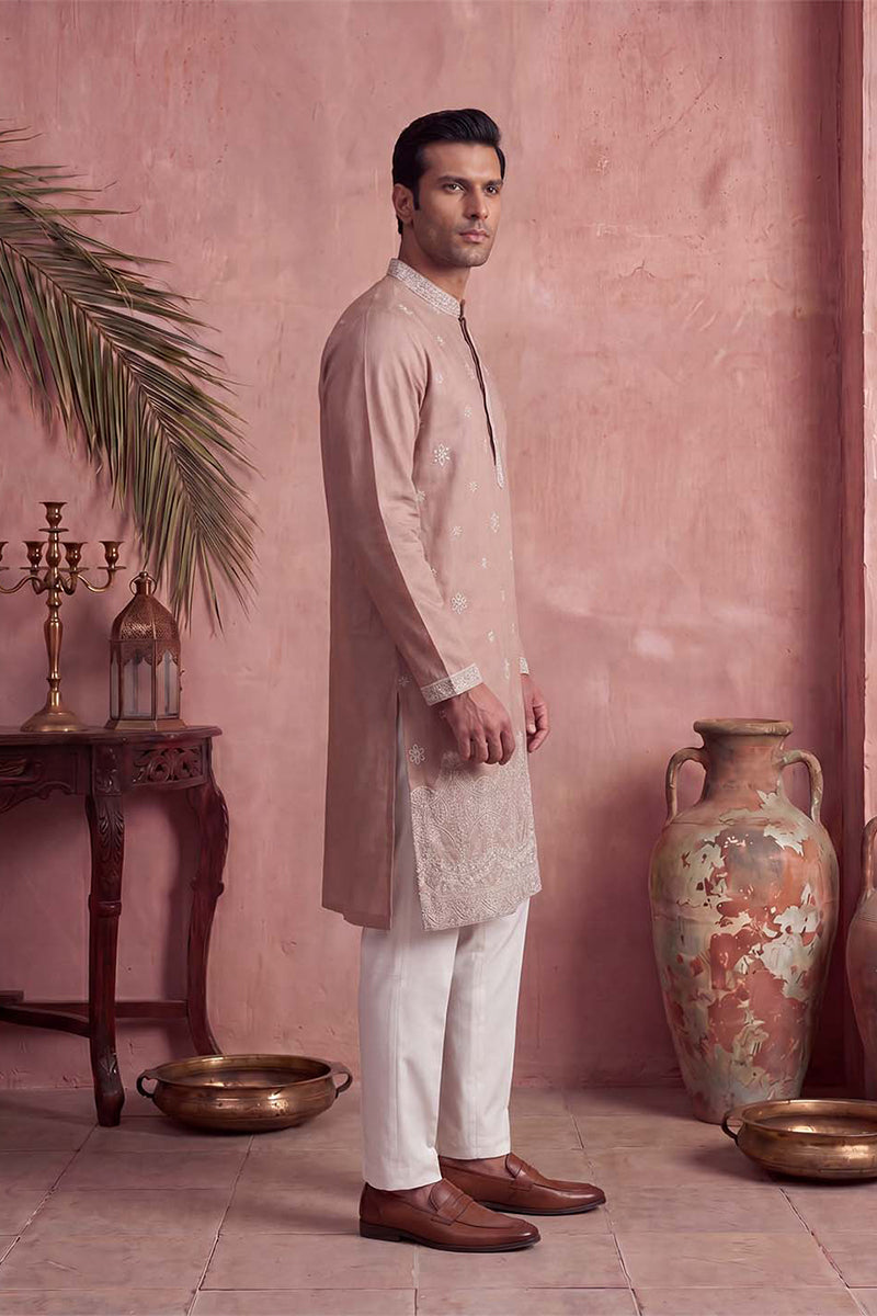 Mens Pink Silk Blend Solid Embroidered Kurta MKU2173