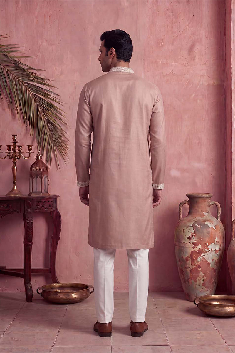 Mens Pink Silk Blend Solid Embroidered Kurta With Trousers MKSET2173