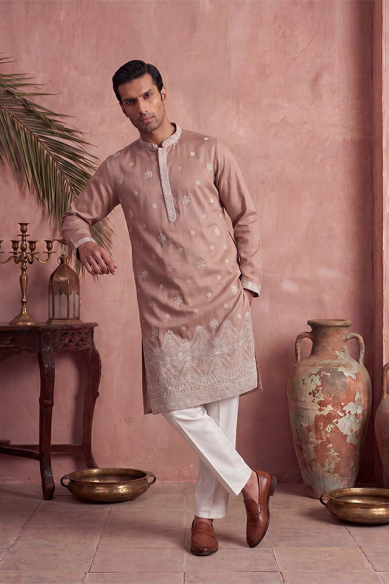 Mens Pink Silk Blend Solid Embroidered Kurta With Trousers