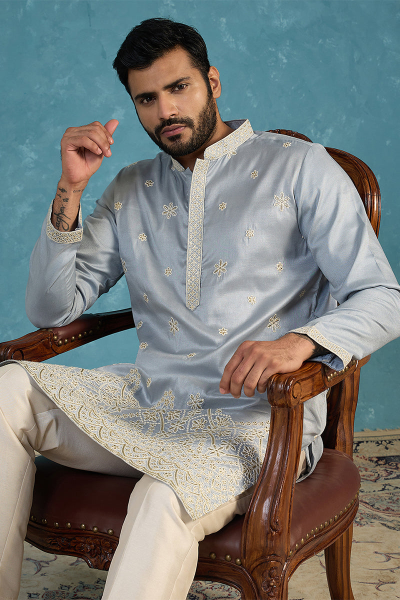 Mens Blue Silk Blend Solid Embroidered Kurta MKU2175