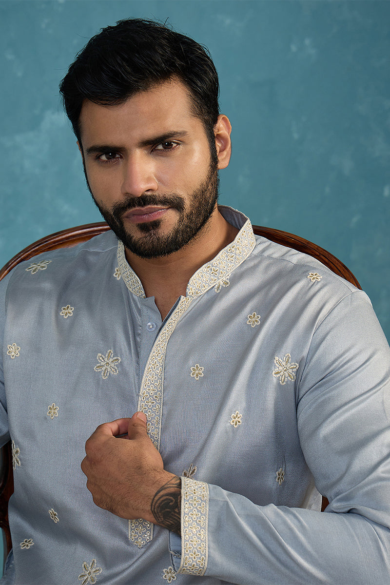 Mens Blue Silk Blend Solid Embroidered Kurta With Trousers MKSET2175