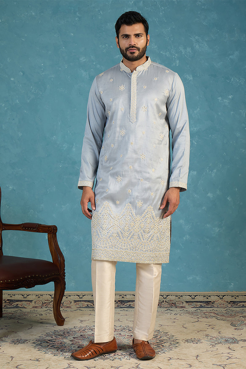 Mens Blue Silk Blend Solid Embroidered Kurta With Trousers MKSET2175