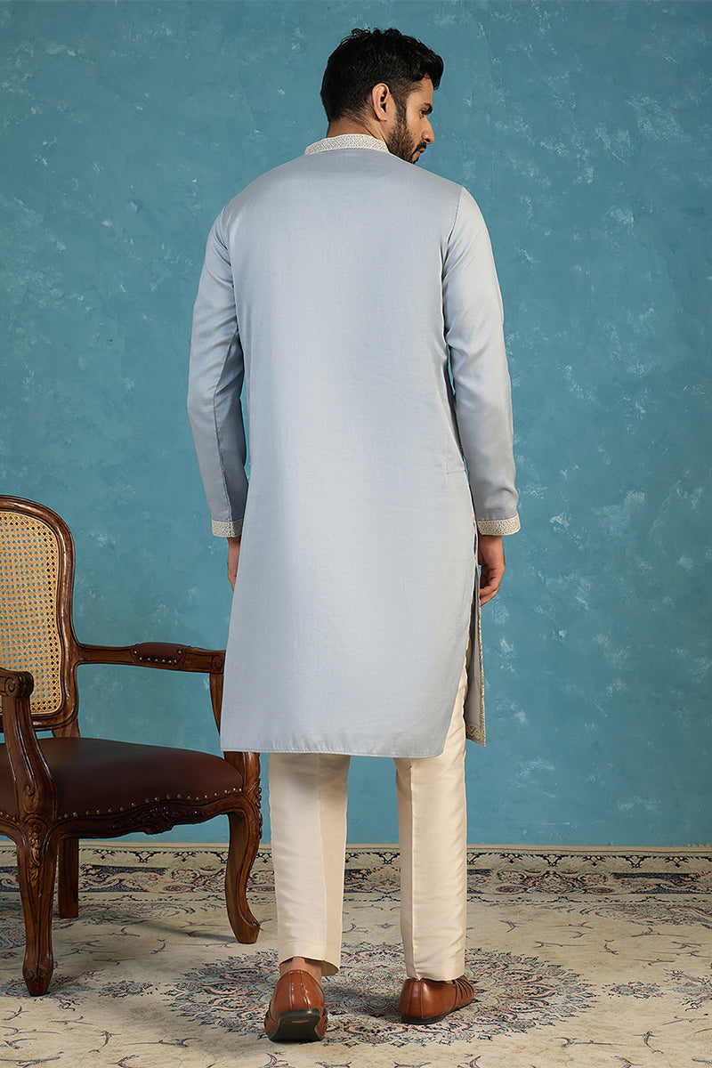 Mens Blue Silk Blend Solid Embroidered Kurta With Trousers MKSET2175