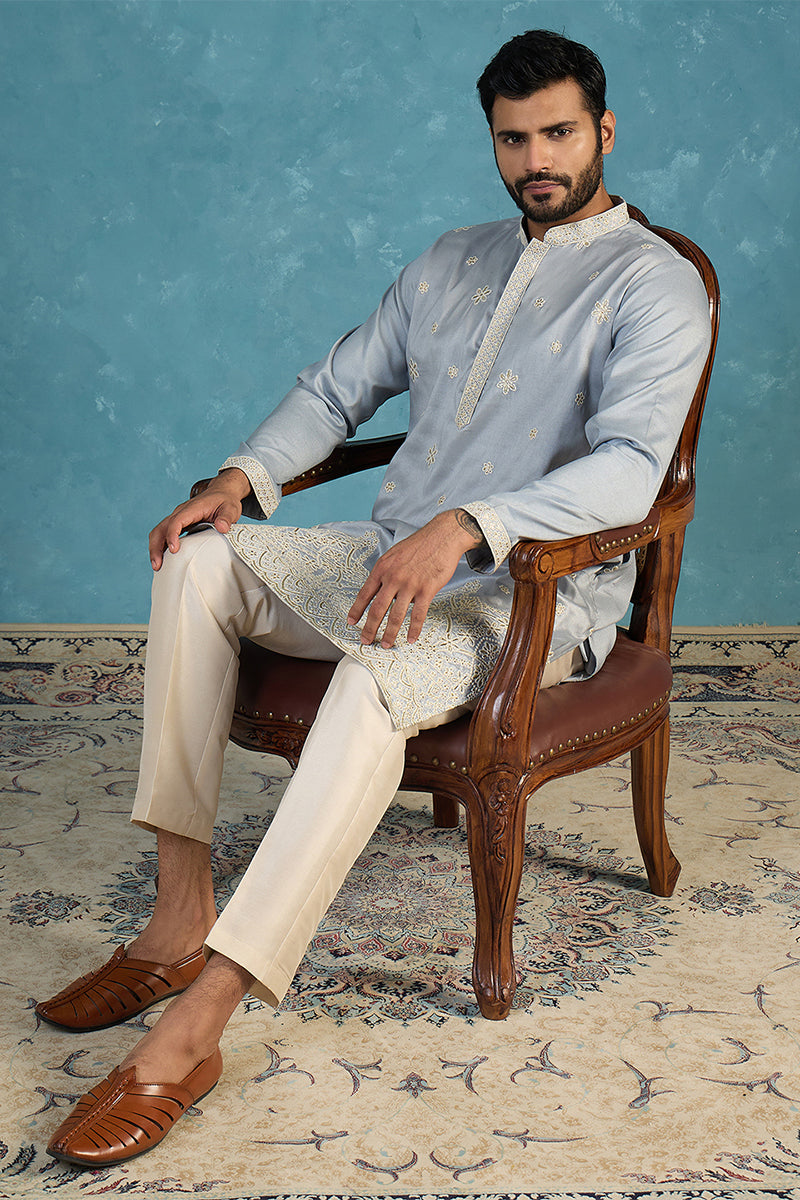 Mens Blue Silk Blend Solid Embroidered Kurta