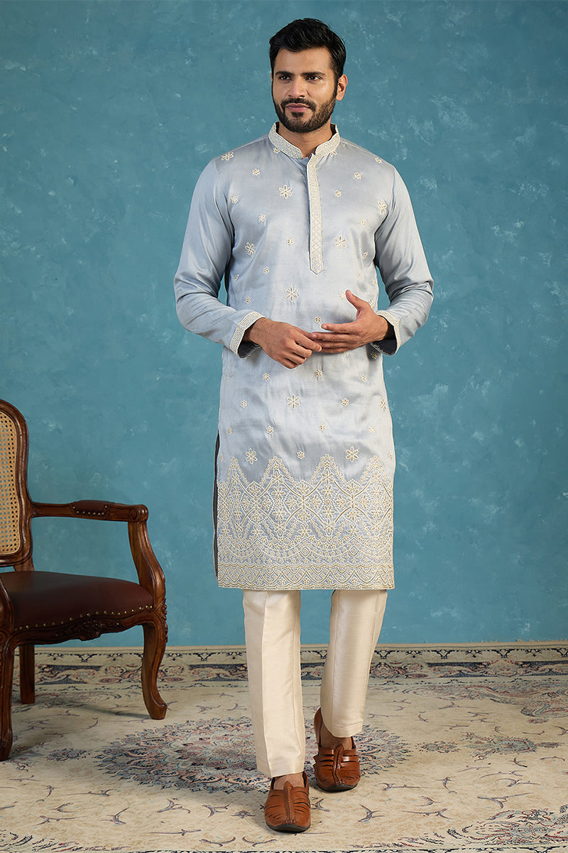Mens Blue Silk Blend Solid Embroidered Kurta