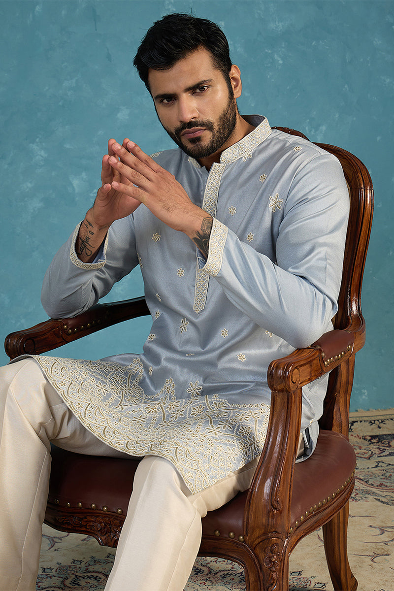 Mens Blue Silk Blend Solid Embroidered Kurta
