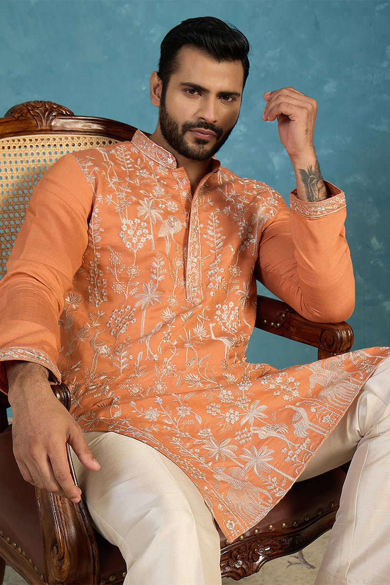 Mens Orange Modal Embroidered Calf Length Straight Regular Kurta With Trouser MKSET2176
