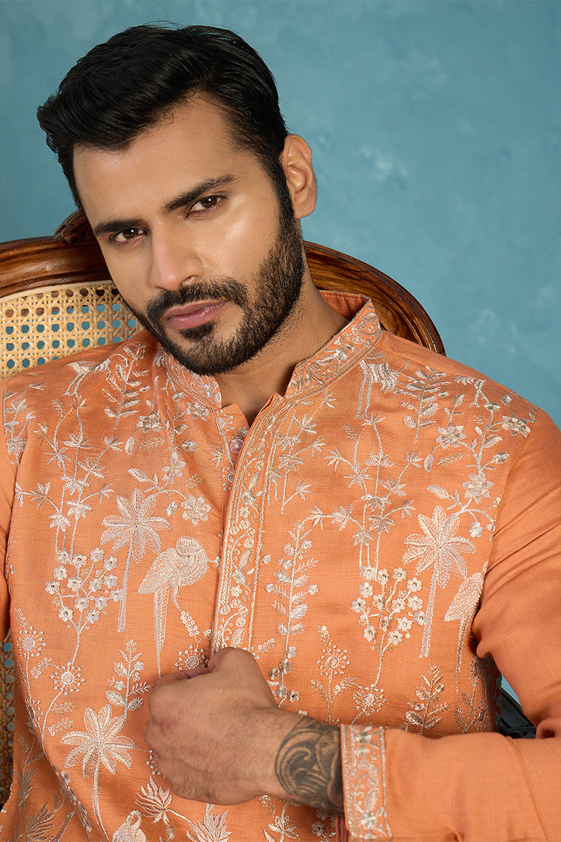 Mens Orange Modal Embroidered Calf Length Straight Regular Kurta MKU2176