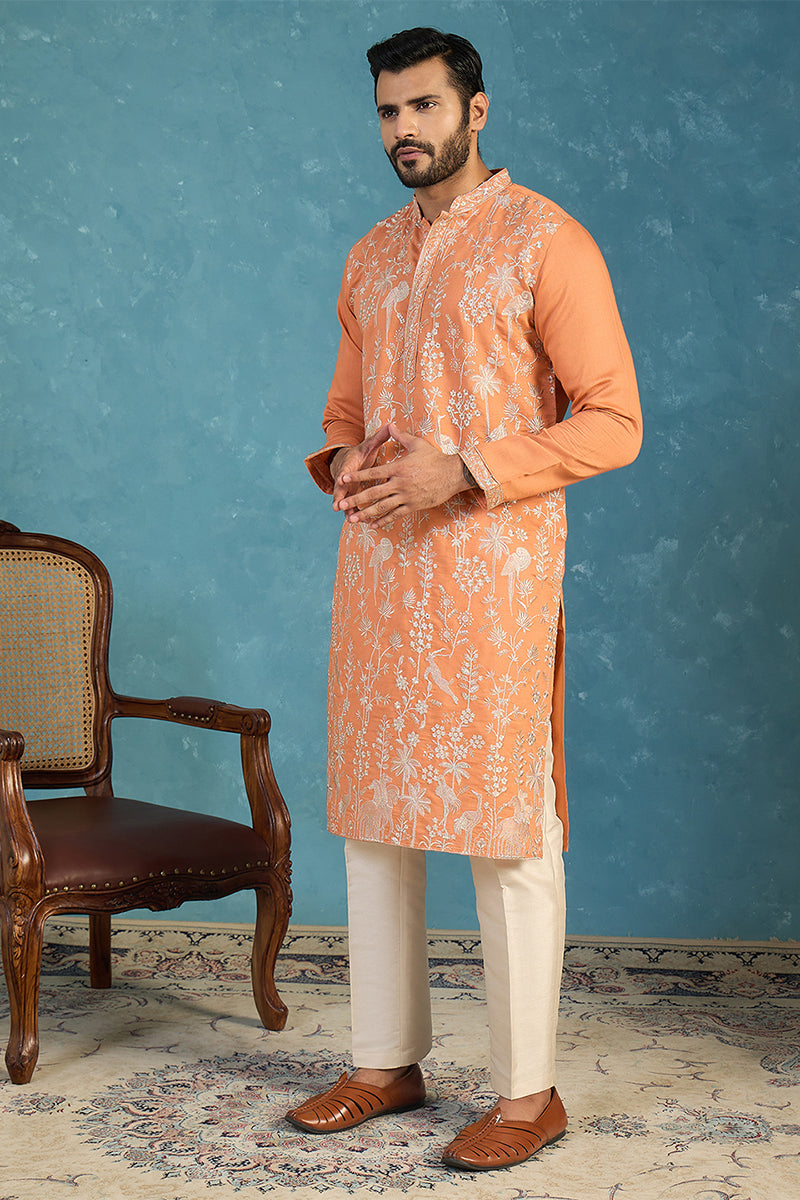 Mens Orange Modal Embroidered Calf Length Straight Regular Kurta MKU2176