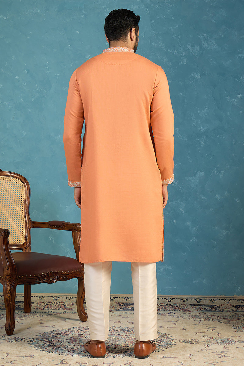 Mens Orange Modal Embroidered Calf Length Straight Regular Kurta MKU2176